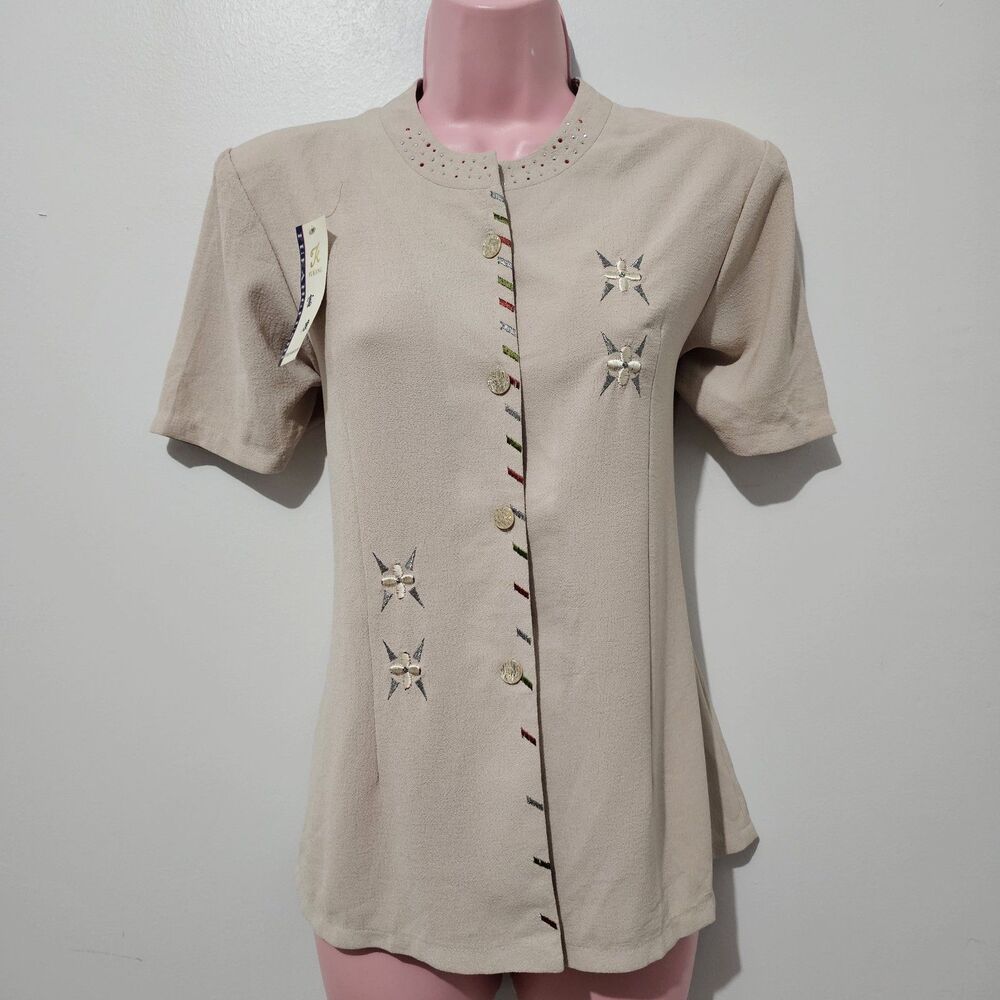 NWT - Fukang - Blouse Chinese Button Up Embroidered - Size 15 - Beige